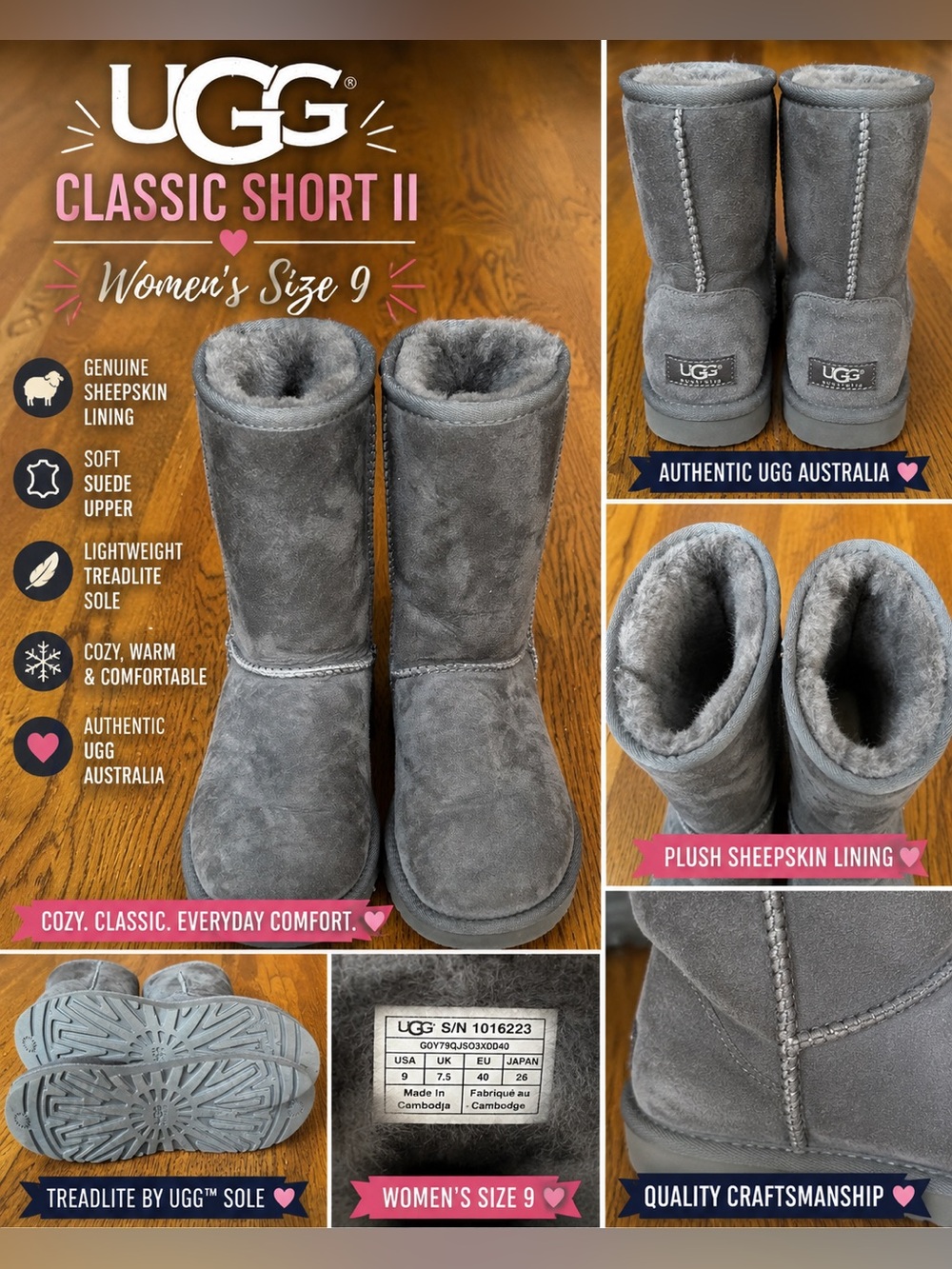 UGG Classic Short II Boots Women’s Size 9 Gray